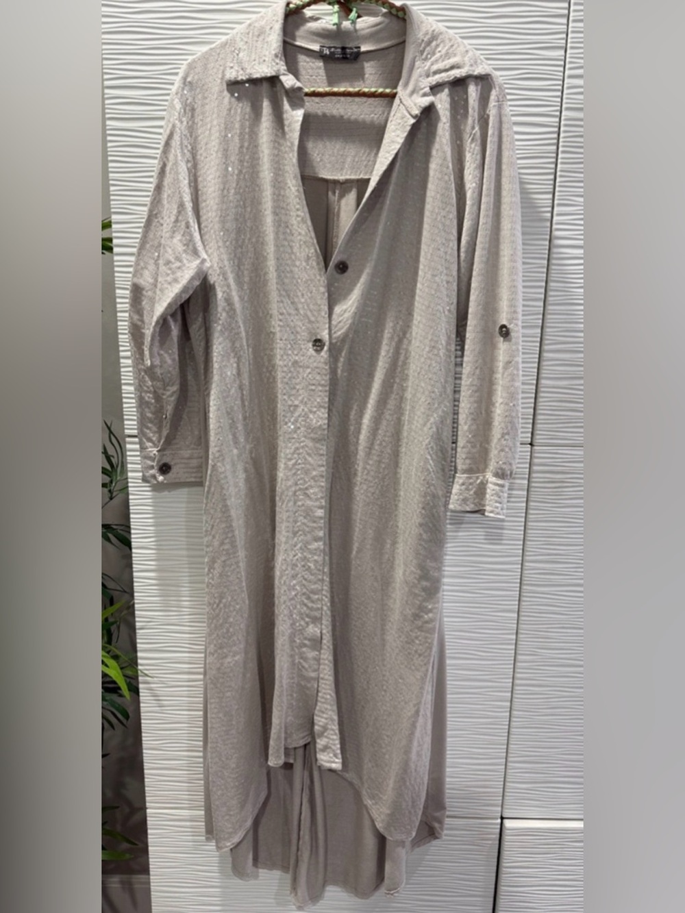 NWT Bella Amore Long Suede/Sequin shirt Dress in Light Taupe.